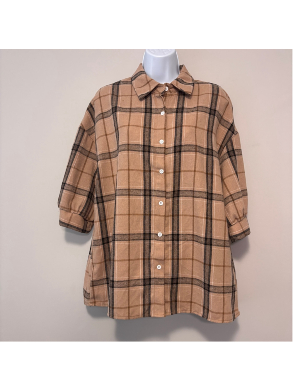 Shein Women's Extra Small Beige & Brown Plaid Button-Down Collard Shirt NIB